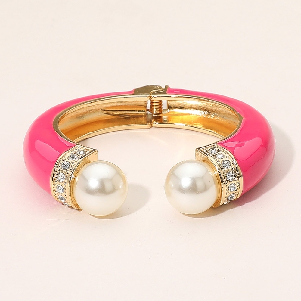 Fuchsia Gold Pearl Tip Enamel Cuff Hinged Bracelet Fashion Statement Accessory